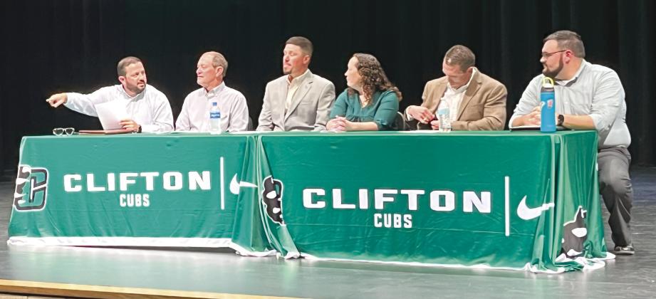 The six Clifton school board candidates took the stage at the Performing Arts Center to field questions at a candidate forum on Wednesday, April 17. The candidates are (from left) Jose Ritz, Steve Conrad, Matt Domel, Taylor McCain, Nick Brown, and Sean Marmolejo. Nathan Diebenow | The Clifton Record